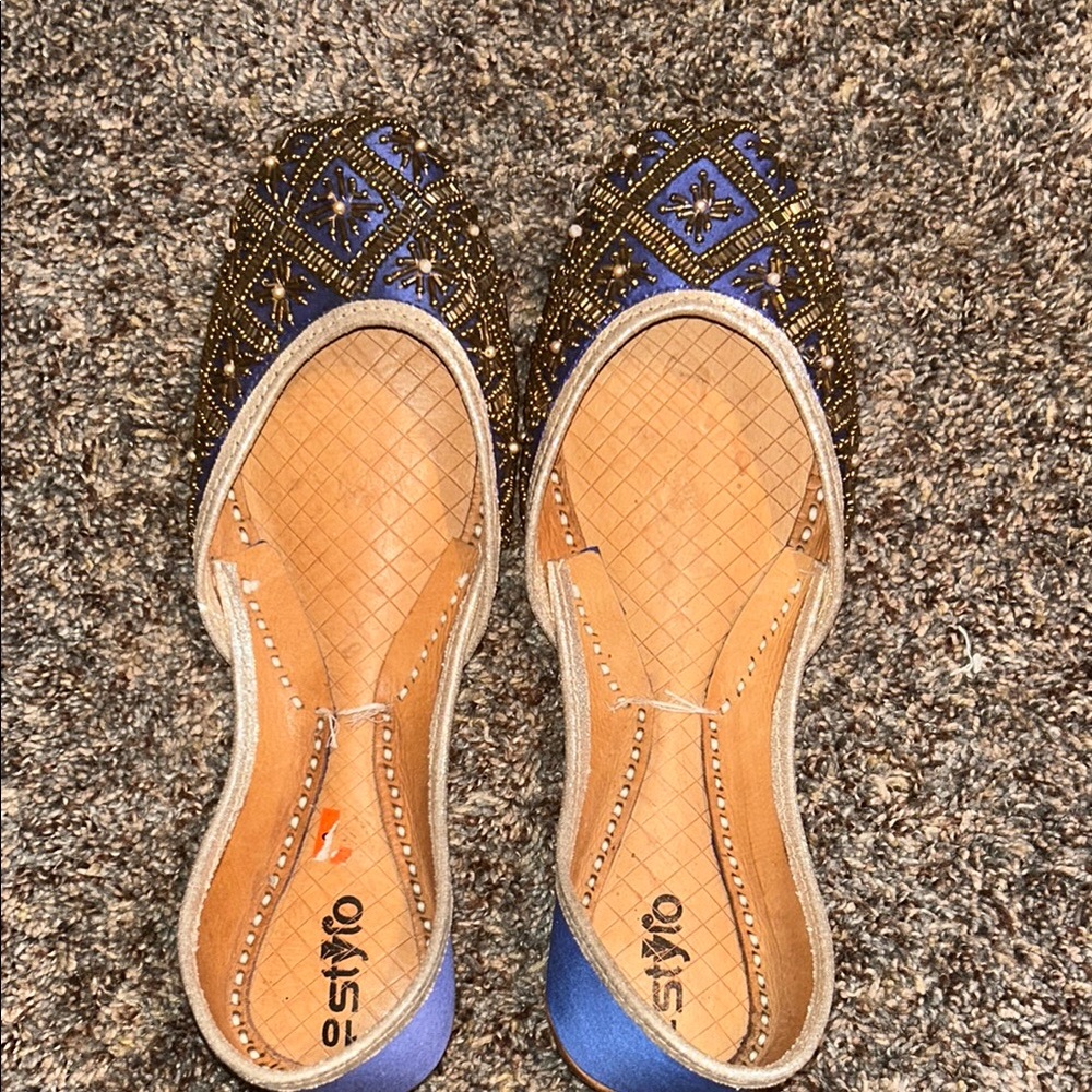 Gold and Blue Loafers with Moccasin Stitching